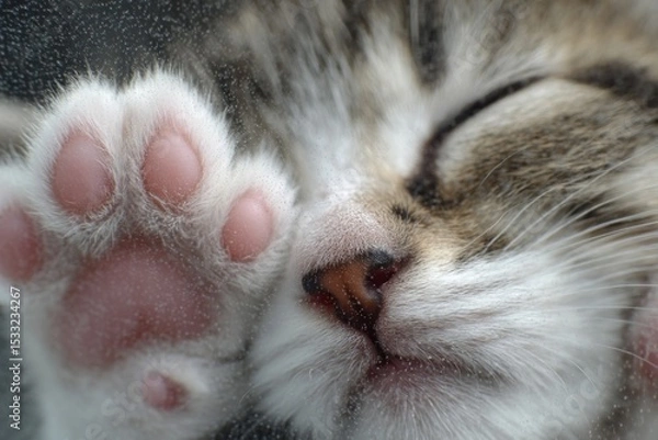 Obraz Closeup of a Sleeping Kitten's Pink Paws and Face