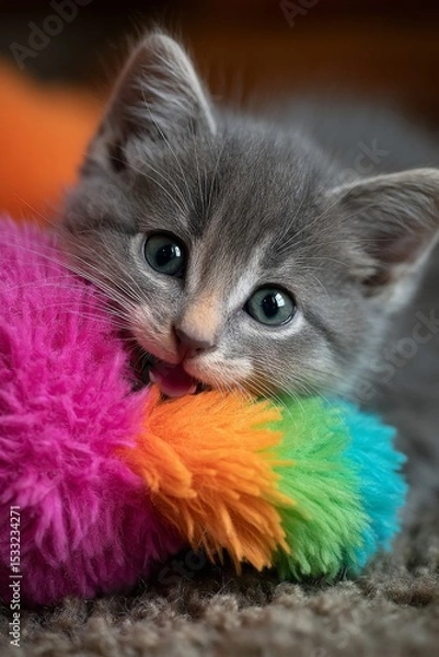 Obraz Playful Gray Kitten with Colorful Toy