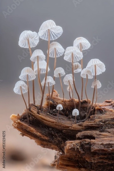 Obraz Delicate White Mushrooms Cluster on Brown Wood