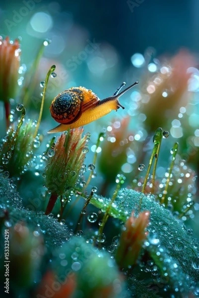 Obraz Snail on Dew-Covered Moss in Vibrant Teal and Orange
