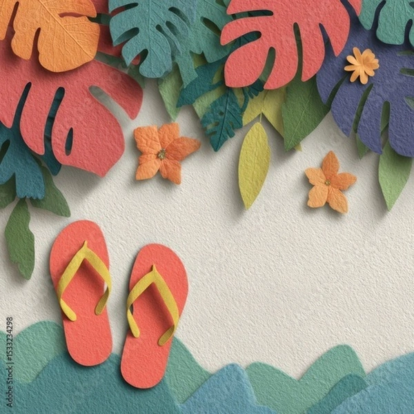 Obraz Colorful Paper Tropical Leaves and Flowers on Sandy Beach