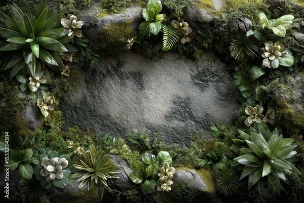 Obraz Lush Greenery Border Around Gray Stone Background