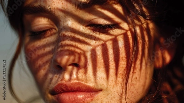 Obraz Closeup Portrait of a Woman with Leaf Shadows on her Face