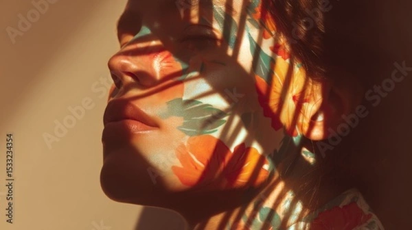 Obraz Woman's Profile with Tropical Leaf Shadows and Colorful Body Paint