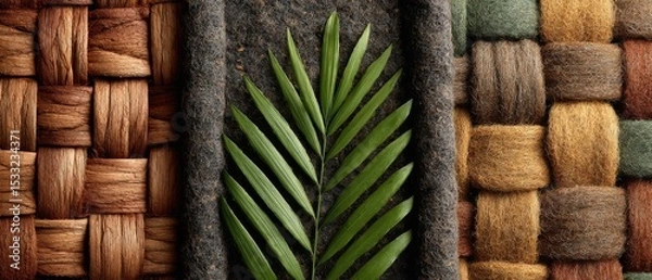 Obraz Green Leaf on Dark Background Between Brown Woven Textures