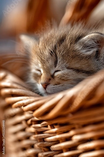 Obraz Adorable Brown Kitten Sleeping Peacefully in Wicker Basket