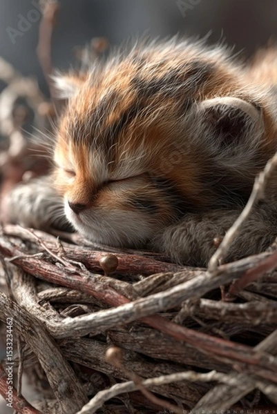 Obraz Adorable Fluffy Brown Kitten Sleeping in a Twigs Nest