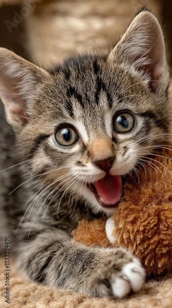 Obraz Playful Brown Tabby Kitten with Teddy Bear