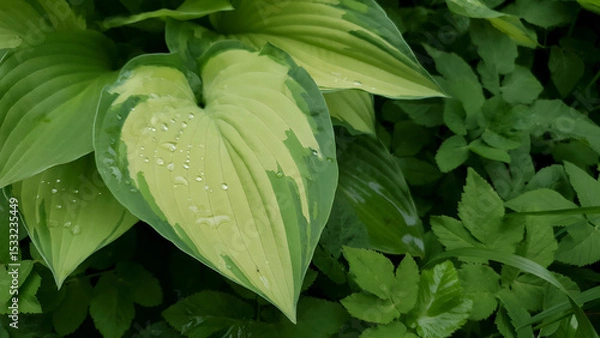 Fototapeta Closeup Hosta albopicta or Plantain lily ornamental plant with variegated leaves wet after rain and covered by water drops dew in spring garden. Lush springtime foliage natural background, soft focus.