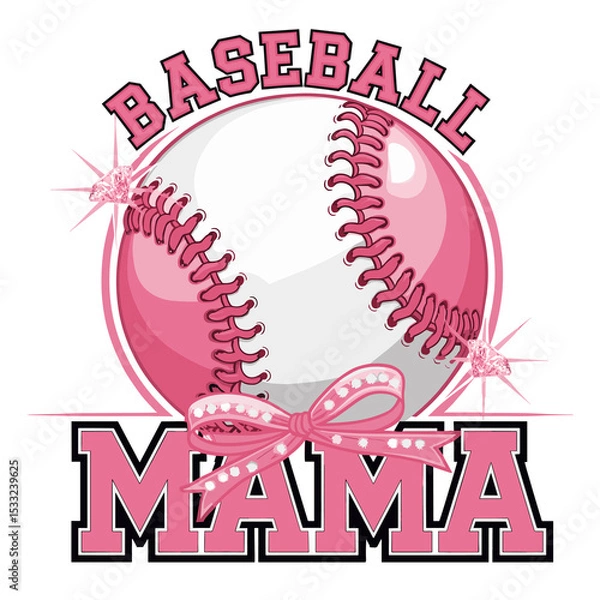 Obraz Pink Baseball Mama with Bow and Rhinestones Sublimation Graphic on Transparent Background