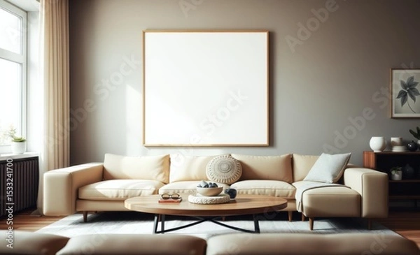 Fototapeta A living room's heart pulsating with creativity and style A mock-up poster frame frames a blank canvas for your imagination while a modern beige sofa and oval wooden coffee table create an inviting