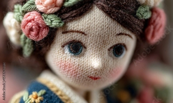 Fototapeta Closeup Portrait of a Handmade Textile Doll with Embroidered Flowers