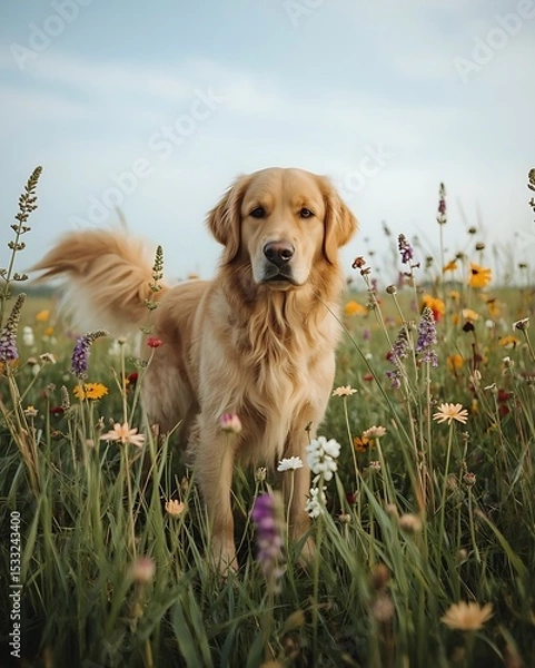 Fototapeta A majestic golden retriever standing proudly in the midst of a vibrant and lush meadow, surrounded by a variety of colorful flowers of different shapes and sizes