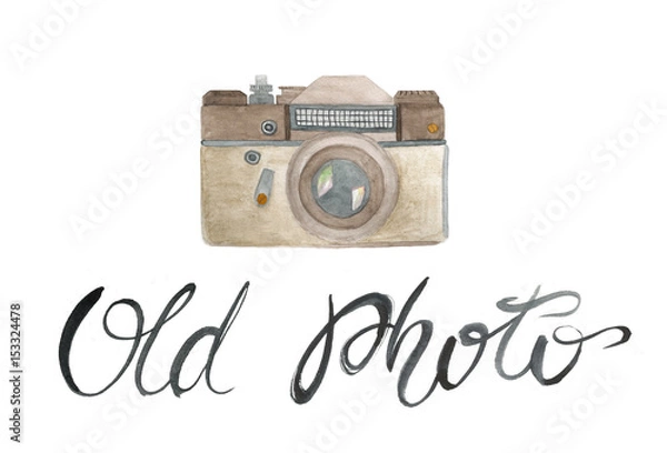 Fototapeta watercolor illustration with photo camera with hand writtinglettering "old photo" on white background
