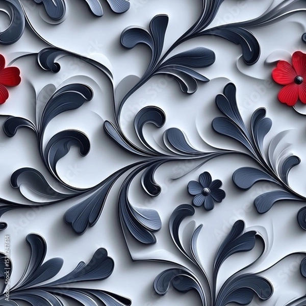 Fototapeta Seamless 3D paper cut style pattern with dark blue floral scrolls and scattered red flowers on a white background. Perfect for modern and minimalist designs.