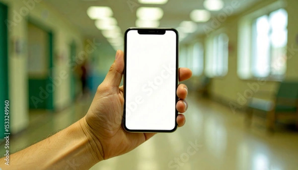 Fototapeta Primer plano de manos jóvenes sosteniendo un smartphone moderno con pantalla blanca brillante