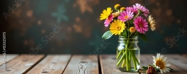 Obraz Freshly picked wildflowers in a mason jar on a rustic wooden table, scene, flowers