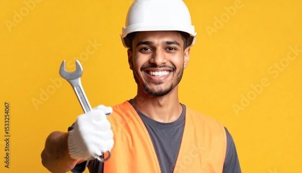 Fototapeta Smiling tradesman holds wrench ready for work