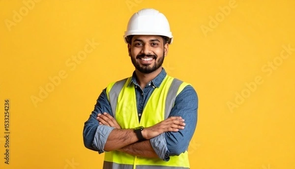 Fototapeta Smiling construction worker posing confidently