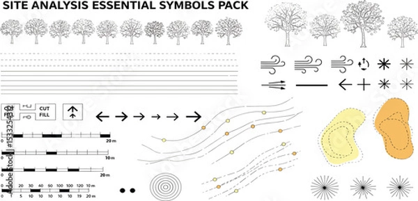 Obraz landscape architecture site analysis symbol icon element drawing graphic flat isolated vector. urban design element drawing