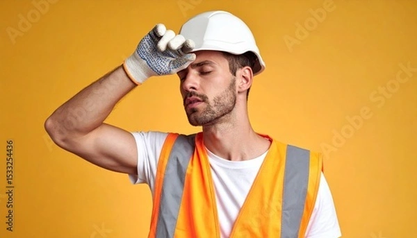 Fototapeta Construction worker resting wiping sweat