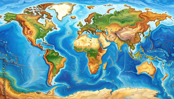 Obraz Detailed map of world showcases Earth intricate crust, revealing layers of minerals and geographical features high fidelity. This vibrant representation highlights continents, oceans