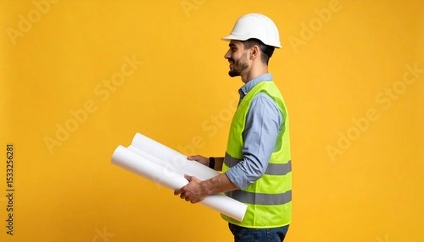 Fototapeta Architect with blueprints on yellow backdrop