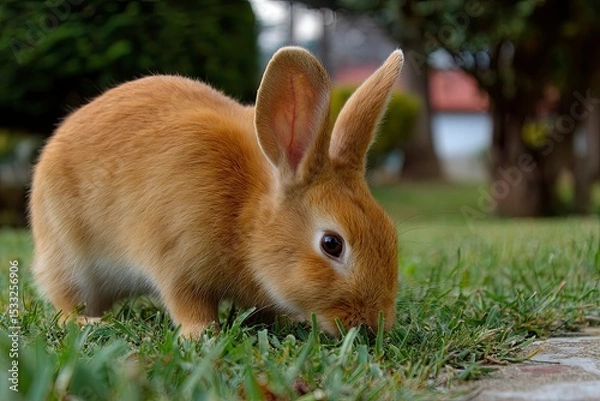 Fototapeta orange rabbit in the garden yard eating grass
