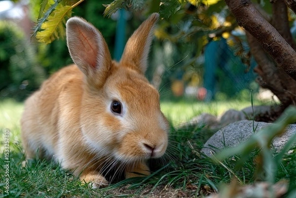 Fototapeta orange rabbit in the garden yard eating grass