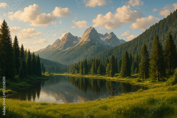 Fototapeta Stunning mountain scenery with serene lake reflection surrounded by dense pine forests under golden sunset light.