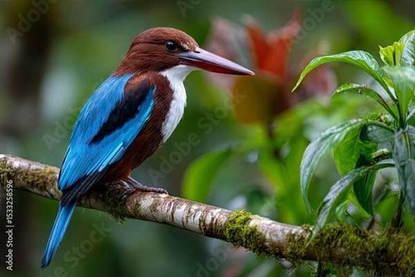 Fototapeta Close-up of a white-necked kingfisher with bright blue wings perched on a branch in its natural habitat