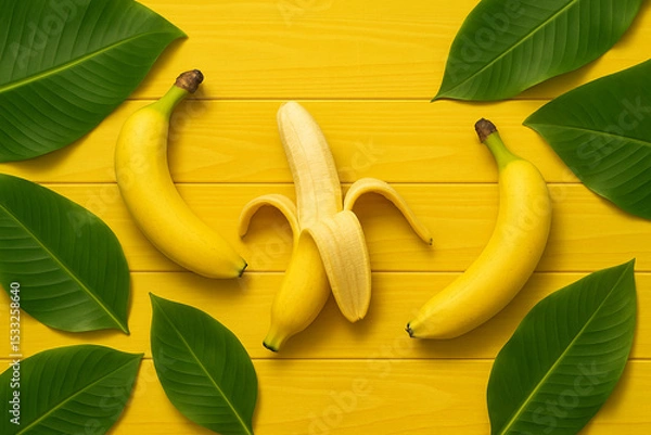 Fototapeta Top view of ripe bananas and green leaves arranged neatly on a yellow wooden backdrop.