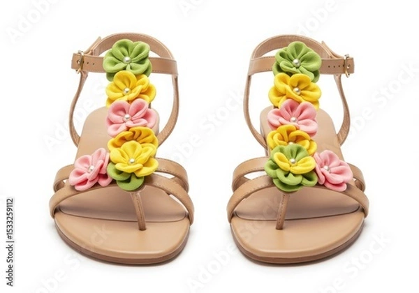 Obraz Beige leather sandals with colorful flowers isolated on white background