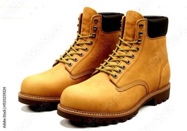 Obraz Pair of yellow work boots isolated on white background