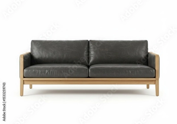 Obraz Modern dark leather sofa oak frame isolated on white background
