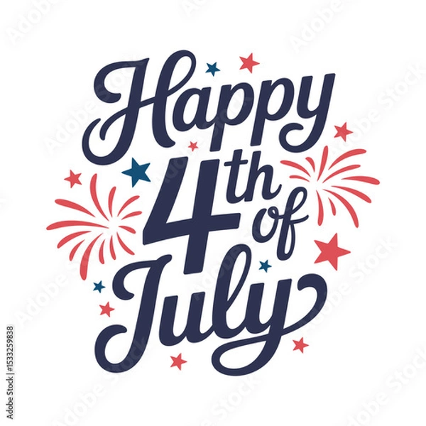 Fototapeta Happy 4th of July Calligraphy with Stars and Fireworks Design

