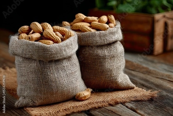 Fototapeta Two rustic burlap sacks filled with fresh peanuts for a delicious healthy snack