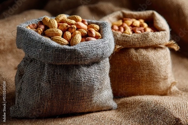 Fototapeta Two rustic burlap sacks filled with fresh peanuts for a delicious healthy snack