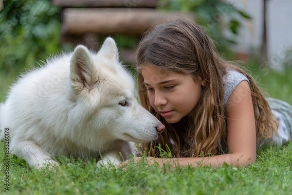 Fototapeta White husky is sniffing at young girl, lying on the grass 