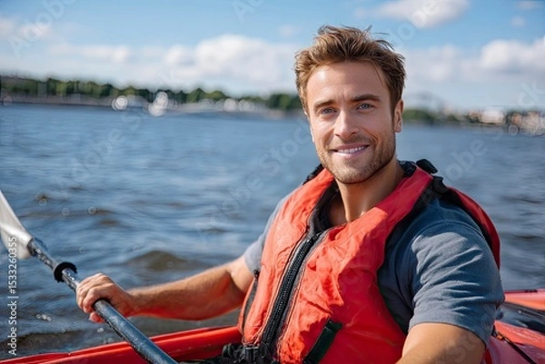 Fototapeta Handsome young man in nautical vest smiling while sailing