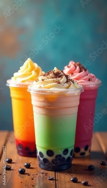 Obraz Colorful bubble tea cups with ice and toppings , fruit tea, close-up