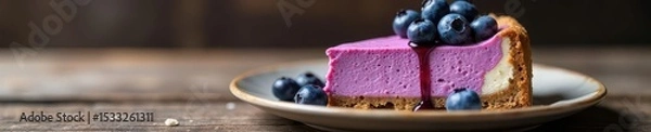 Obraz Creamy blueberry cheesecake slice on rustic wooden table, food, dessert