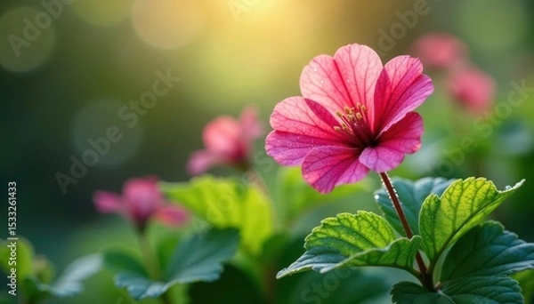 Obraz Delicate geranium flowers unfolding petals in the morning dew, blossoming, red