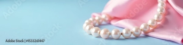 Obraz Delicate pearl necklace draped on soft pink silk against a pastel blue backdrop , still life, image