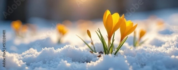 Obraz Delicate saffron crocus emerging from melting snow , white, season