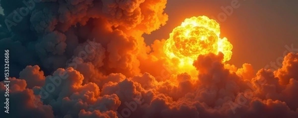 Obraz Fiery explosion cloud billowing, bright orange & yellow flames , art, light