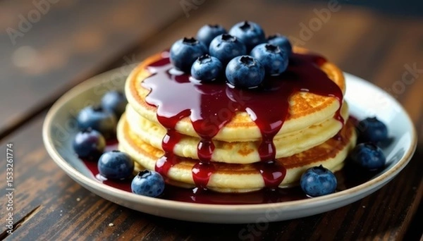 Obraz Fluffy pancakes drenched in blueberry syrup, topped with fresh blueberries on rustic wood , berry, meal, foodie