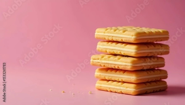 Fototapeta Four rectangular wafer biscuits stacked neatly , image, golden, pile