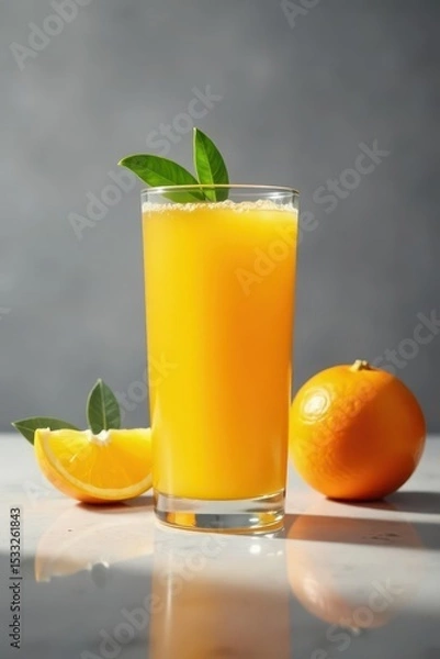 Obraz Glass of fresh orange juice reflects on sleek surface, grey backdrop, surface, stock photo