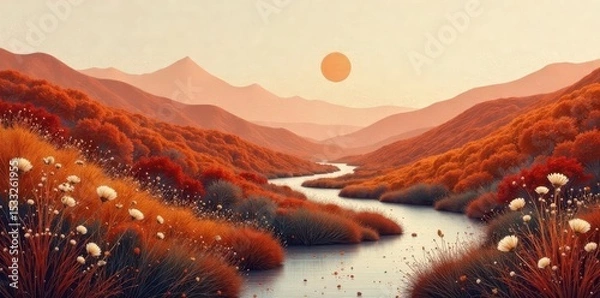 Obraz Muted earth tones abstract landscape; textured circles, stylized reeds, organic forms, ochre, abstract